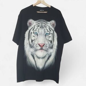 Jay’s Rock T Shirt Vintage White Tiger Double Sided Graphic Blue Eyes Size XL